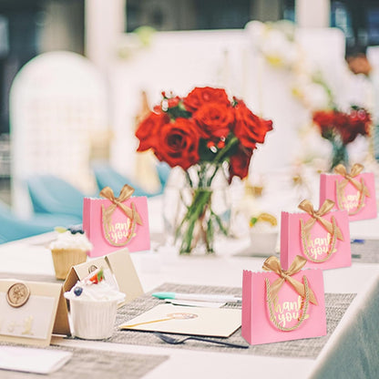 50 Pack Small Thank You Gift Bags with Handles, Pink Mini Party Favor Bags 5.5''x 2.5''x4.7'', Mini Gift Bags Bulk with Bow Ribbon for Valentine's Day, Bridal, Wedding, Baby Shower