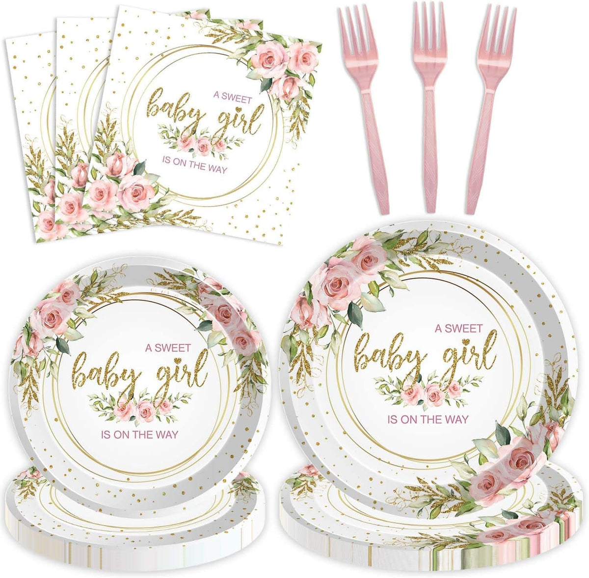 96 Pcs Sweet Baby Girl Party Tableware Set It's a Girl Baby Shower Disposable Paper Plates and Napkins Watercolor Pink Floral Girl Baby Shower Party Supplies for 24 Guests