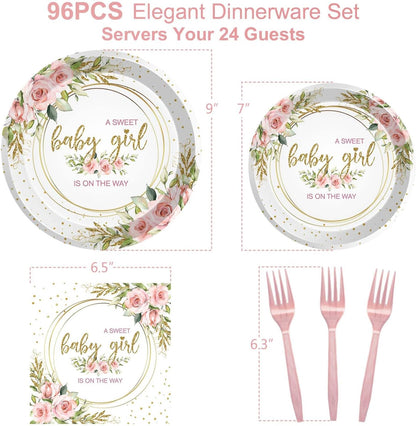 96 Pcs Sweet Baby Girl Party Tableware Set It's a Girl Baby Shower Disposable Paper Plates and Napkins Watercolor Pink Floral Girl Baby Shower Party Supplies for 24 Guests