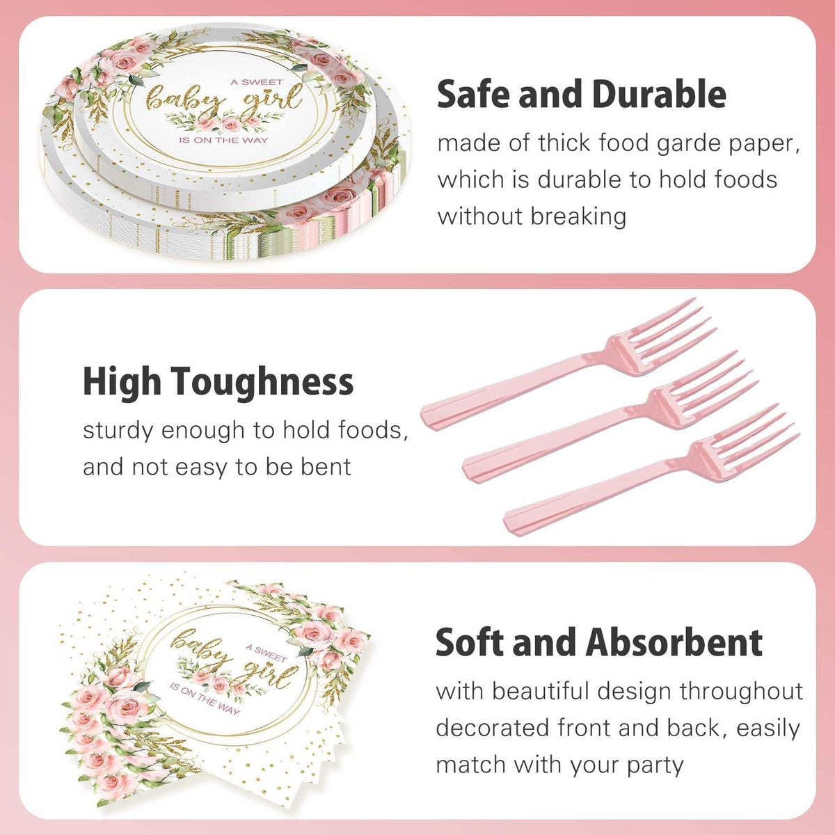 96 Pcs Sweet Baby Girl Party Tableware Set It's a Girl Baby Shower Disposable Paper Plates and Napkins Watercolor Pink Floral Girl Baby Shower Party Supplies for 24 Guests