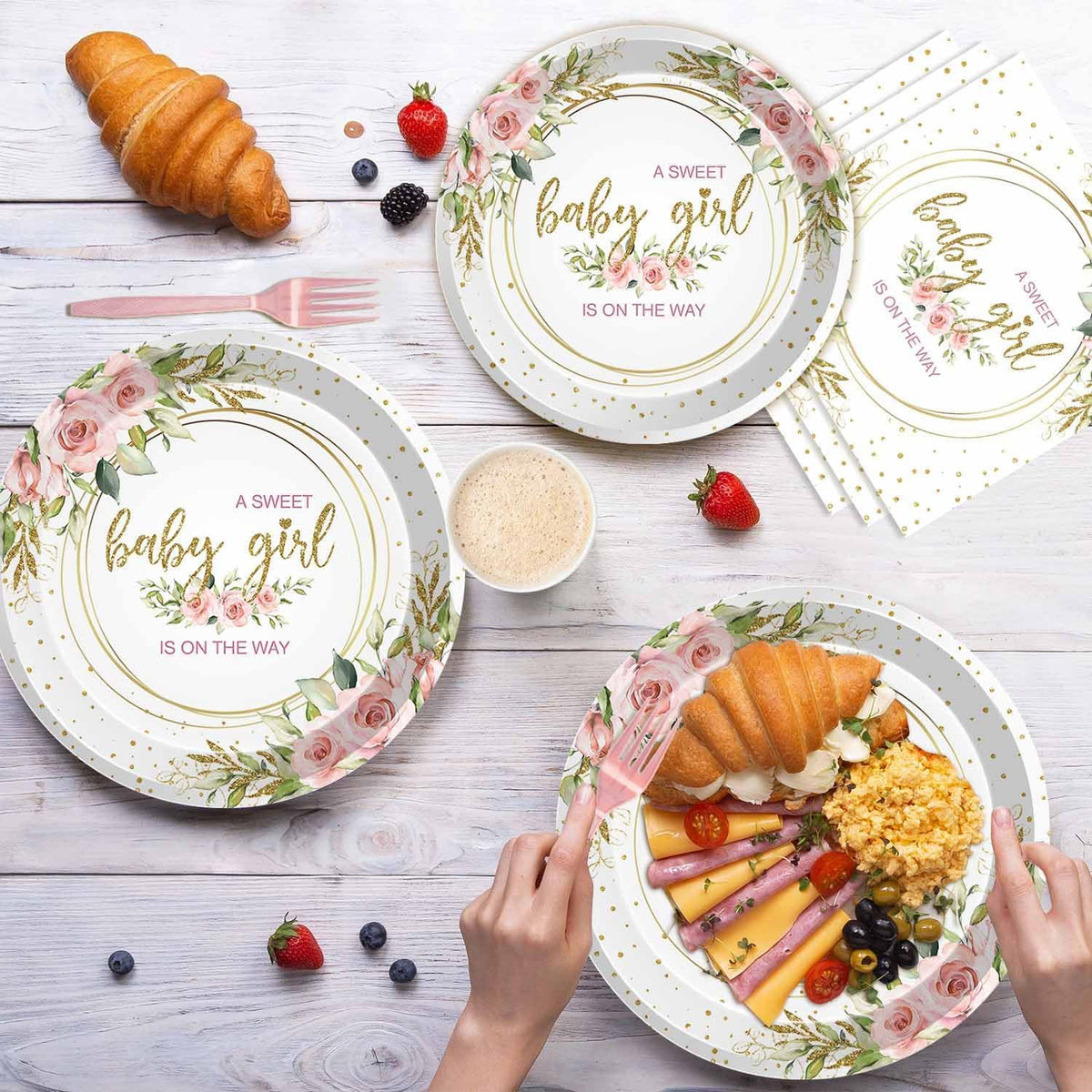 96 Pcs Sweet Baby Girl Party Tableware Set It's a Girl Baby Shower Disposable Paper Plates and Napkins Watercolor Pink Floral Girl Baby Shower Party Supplies for 24 Guests