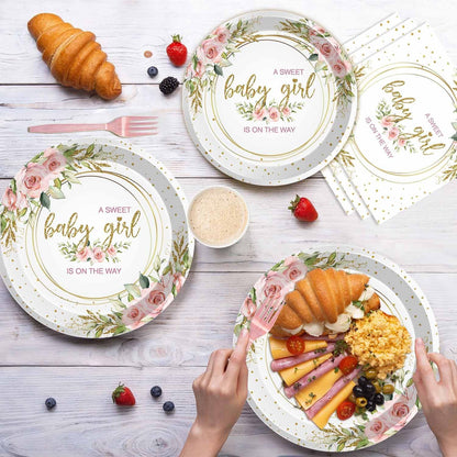 96 Pcs Sweet Baby Girl Party Tableware Set It's a Girl Baby Shower Disposable Paper Plates and Napkins Watercolor Pink Floral Girl Baby Shower Party Supplies for 24 Guests