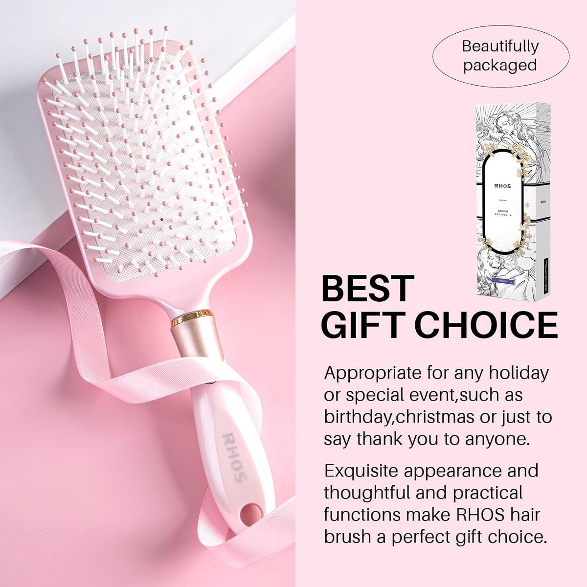 Paddle Brush for Women & Men - Detangler for Thick, Curly, Long, Wet & Dry Hair - Nylon Bristles Square Cushion Brush for Smoothing and Detangling (1 Pack - Pink)