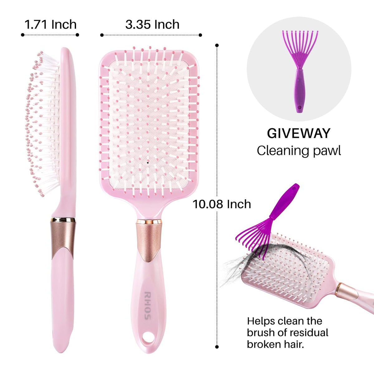 Paddle Brush for Women & Men - Detangler for Thick, Curly, Long, Wet & Dry Hair - Nylon Bristles Square Cushion Brush for Smoothing and Detangling (1 Pack - Pink)