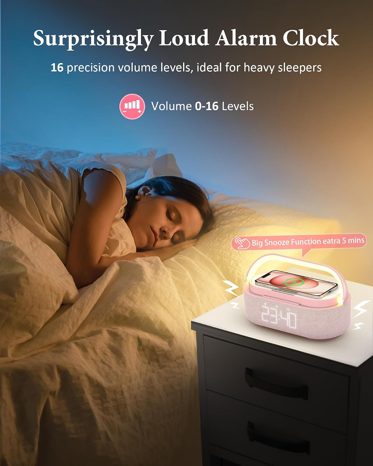 Bluetooth Speaker Alarm Clock & Wireless Charger for Bedside, Home, Office
