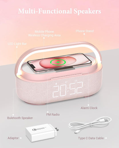 Bluetooth Speaker Alarm Clock & Wireless Charger for Bedside, Home, Office