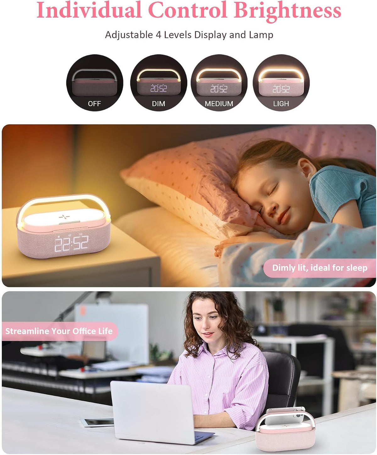 Bluetooth Speaker Alarm Clock & Wireless Charger for Bedside, Home, Office
