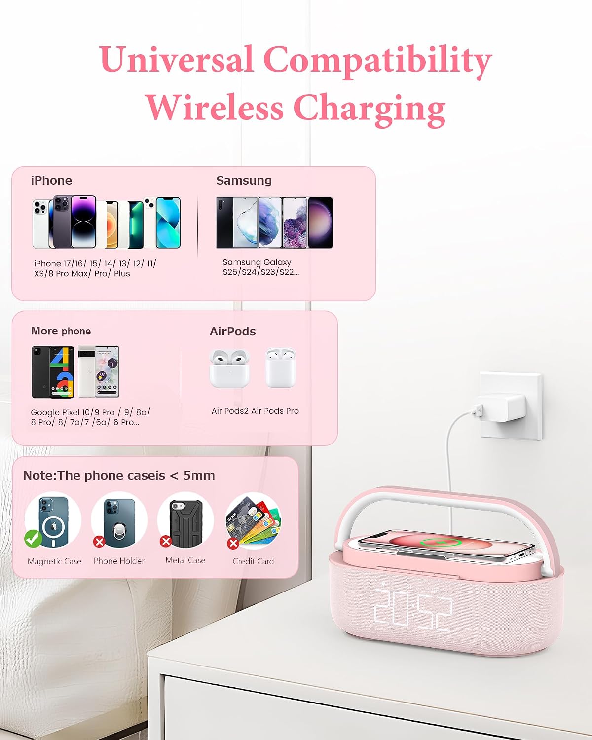 Bluetooth Speaker Alarm Clock & Wireless Charger for Bedside, Home, Office