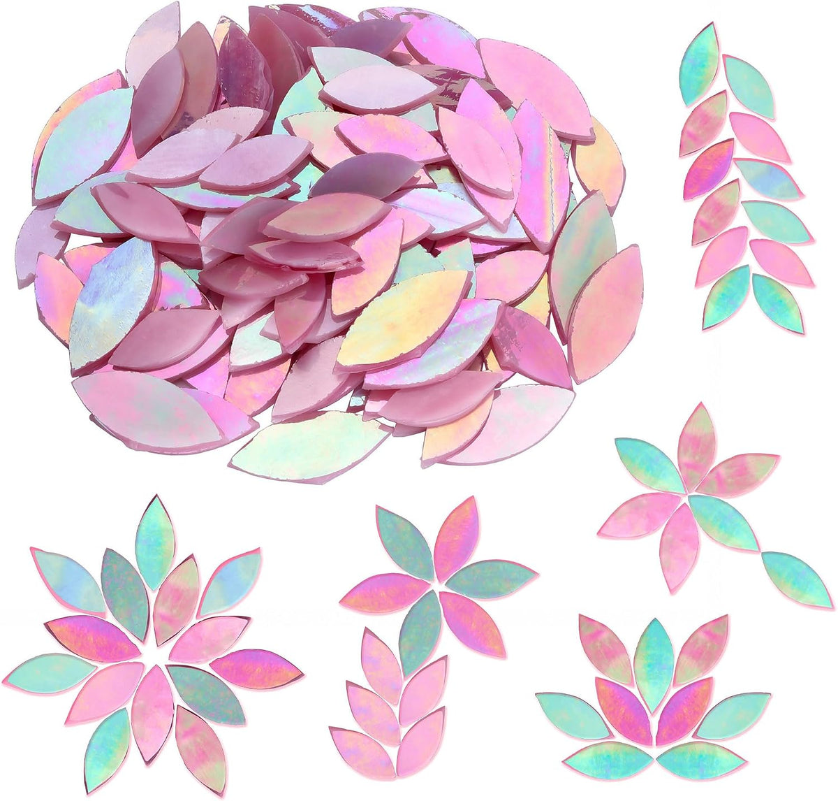 100 Pieces Iridescent Glass Petal Mosaic Tiles, Hand-Cut Pink Stained Glass Flower Leaf Mosaic Tiles for Crafts and Home Decorations (Iridescent Pink)