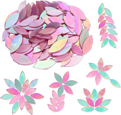 100 Pieces Iridescent Glass Petal Mosaic Tiles, Hand-Cut Pink Stained Glass Flower Leaf Mosaic Tiles for Crafts and Home Decorations (Iridescent Pink)