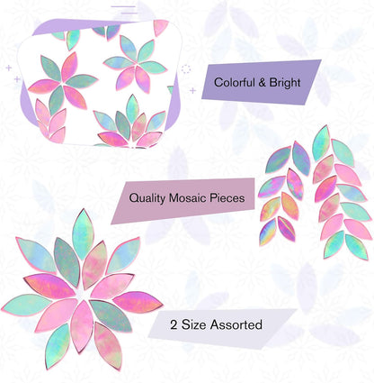 100 Pieces Iridescent Glass Petal Mosaic Tiles, Hand-Cut Pink Stained Glass Flower Leaf Mosaic Tiles for Crafts and Home Decorations (Iridescent Pink)