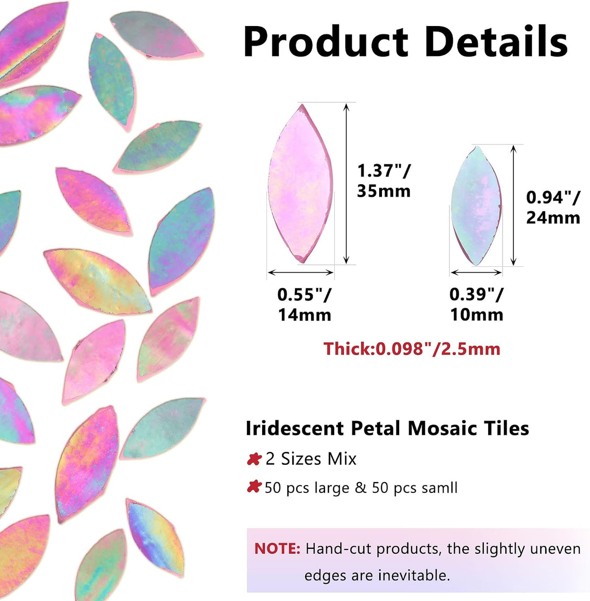 100 Pieces Iridescent Glass Petal Mosaic Tiles, Hand-Cut Pink Stained Glass Flower Leaf Mosaic Tiles for Crafts and Home Decorations (Iridescent Pink)