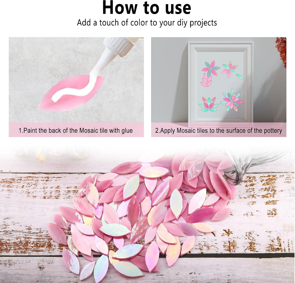 100 Pieces Iridescent Glass Petal Mosaic Tiles, Hand-Cut Pink Stained Glass Flower Leaf Mosaic Tiles for Crafts and Home Decorations (Iridescent Pink)