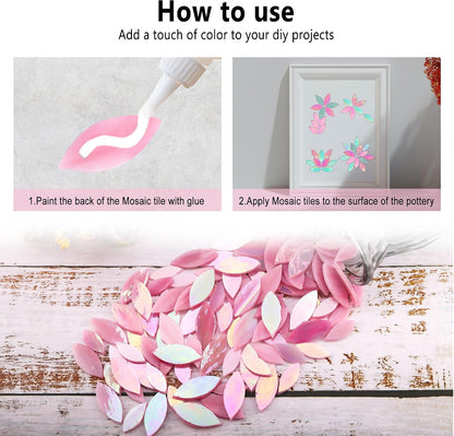 100 Pieces Iridescent Glass Petal Mosaic Tiles, Hand-Cut Pink Stained Glass Flower Leaf Mosaic Tiles for Crafts and Home Decorations (Iridescent Pink)
