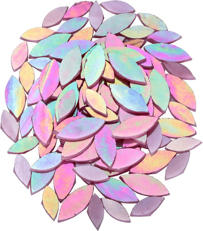 100 Pieces Iridescent Glass Petal Mosaic Tiles, Hand-Cut Pink Stained Glass Flower Leaf Mosaic Tiles for Crafts and Home Decorations (Iridescent Pink)