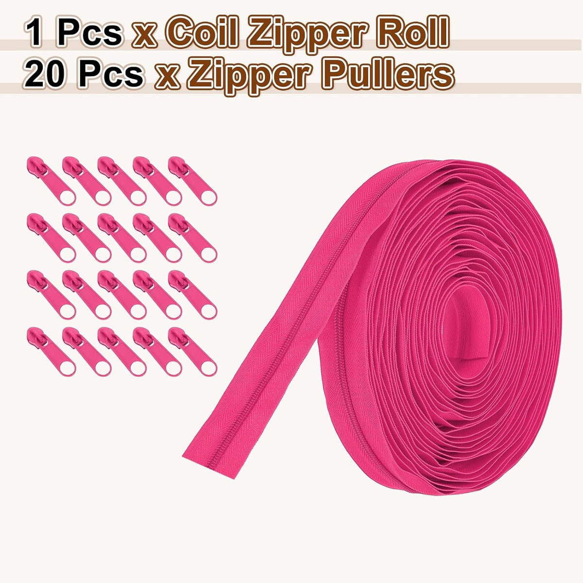 #5 Nylon Coil Zippers 10 Yards 1.2" Sewing Zippers Tapes Roll with 20 Replacement Zip Sliders for DIY Sewing Tailor Craft Supplies Bag Clothes, Rose Pink