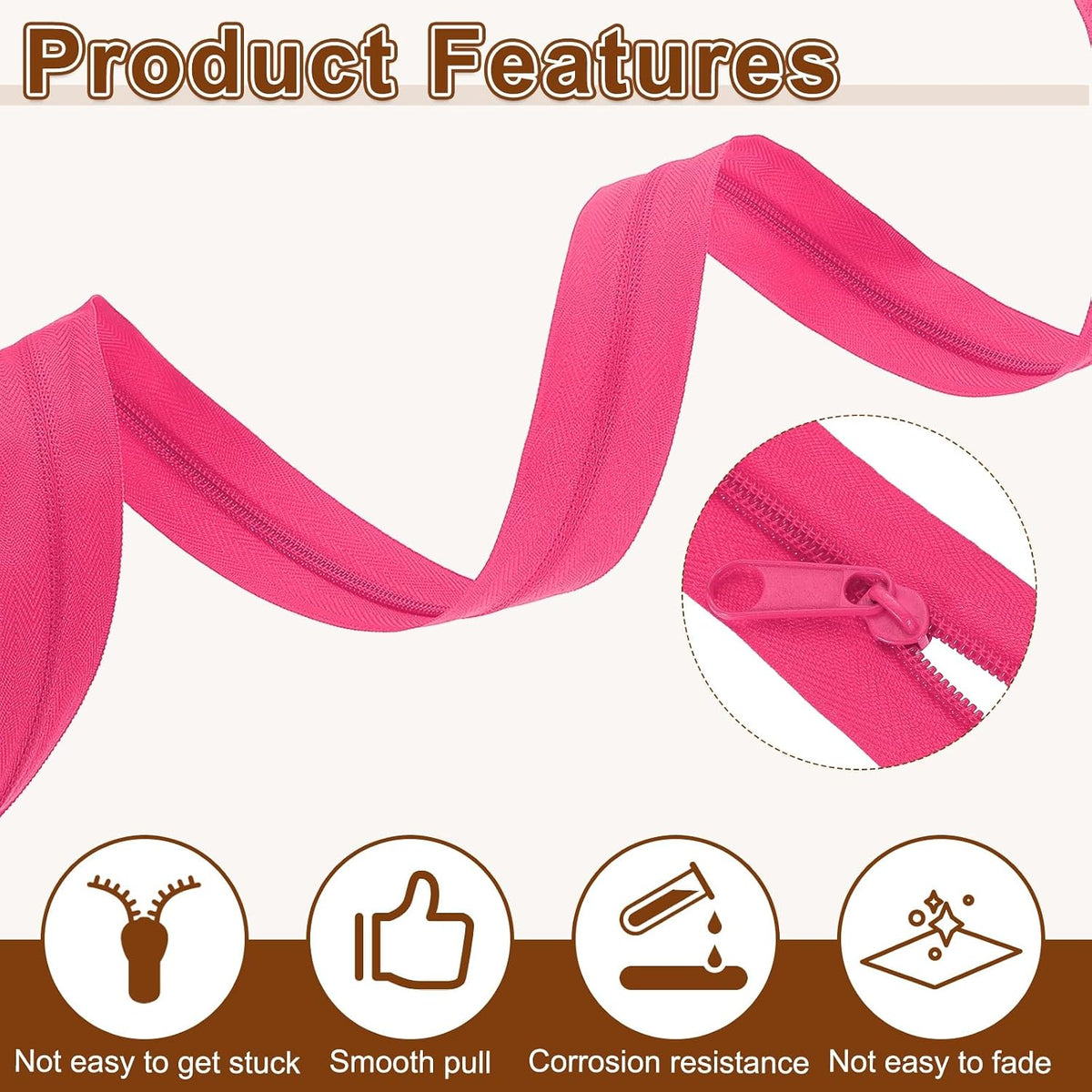 #5 Nylon Coil Zippers 10 Yards 1.2" Sewing Zippers Tapes Roll with 20 Replacement Zip Sliders for DIY Sewing Tailor Craft Supplies Bag Clothes, Rose Pink