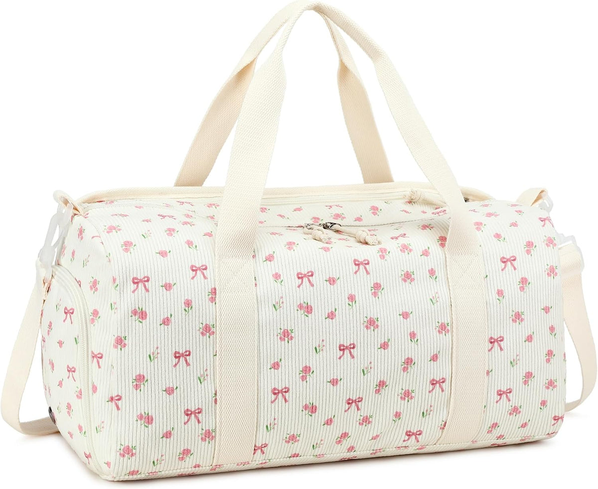 Duffle Bag for Gym Sports Women Girls Dance Workout Travel Bag Weekender with Shoe Compartment and Wet Pocket, Pink Bow Floral