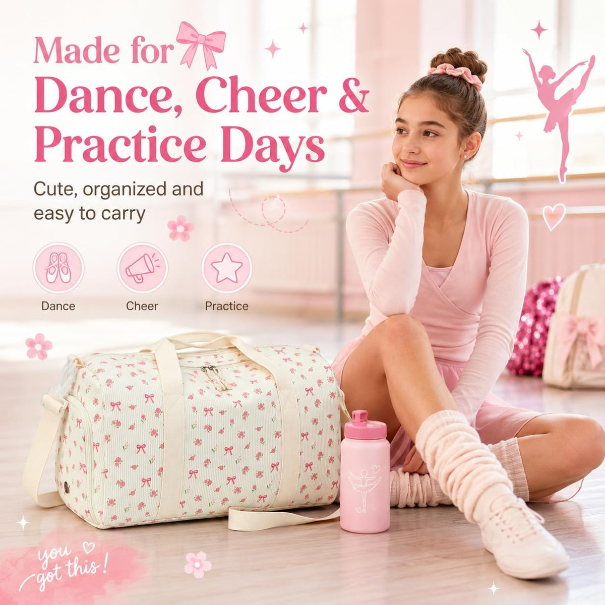 Duffle Bag for Gym Sports Women Girls Dance Workout Travel Bag Weekender with Shoe Compartment and Wet Pocket, Pink Bow Floral