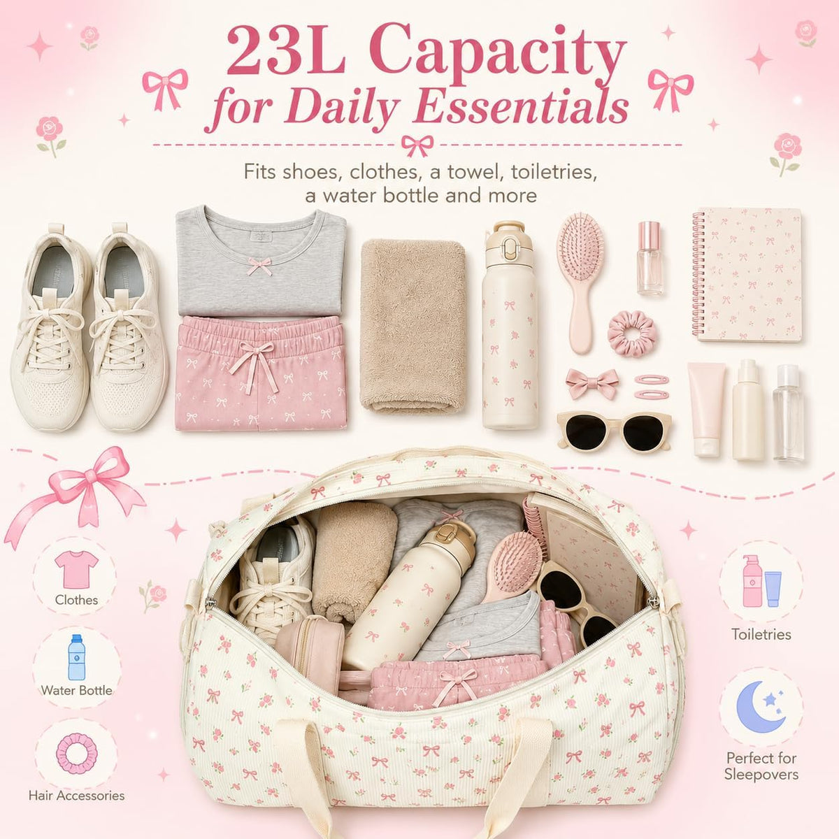 Duffle Bag for Gym Sports Women Girls Dance Workout Travel Bag Weekender with Shoe Compartment and Wet Pocket, Pink Bow Floral