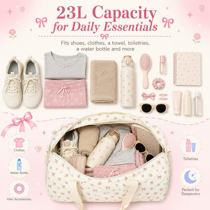 Duffle Bag for Gym Sports Women Girls Dance Workout Travel Bag Weekender with Shoe Compartment and Wet Pocket, Pink Bow Floral