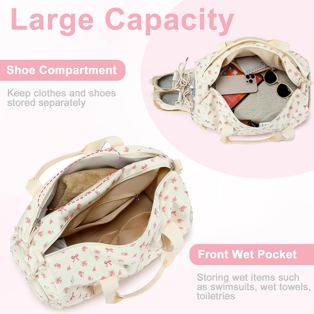 Duffle Bag for Gym Sports Women Girls Dance Workout Travel Bag Weekender with Shoe Compartment and Wet Pocket, Pink Bow Floral