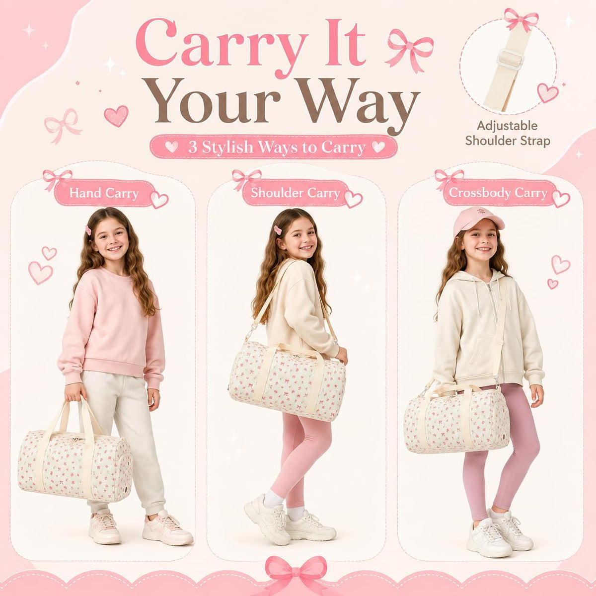 Duffle Bag for Gym Sports Women Girls Dance Workout Travel Bag Weekender with Shoe Compartment and Wet Pocket, Pink Bow Floral