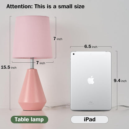 Small Bedside Table Lamp for Bedroom - Reading Desk Lamp with 3 Color Temperatures，15.5" Nightstand Ceramic Lamp with Fabric Shade for Kids Room,Living Room,Dorm,Home Office (Pink)