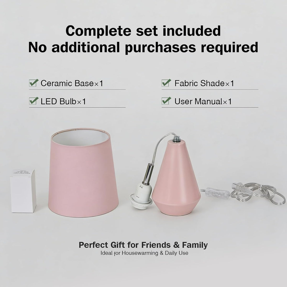 Small Bedside Table Lamp for Bedroom - Reading Desk Lamp with 3 Color Temperatures，15.5" Nightstand Ceramic Lamp with Fabric Shade for Kids Room,Living Room,Dorm,Home Office (Pink)