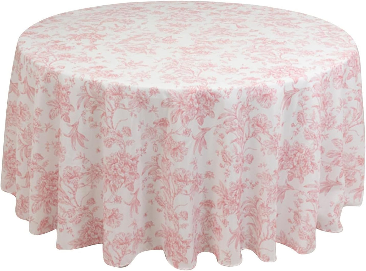 Polyester Round Tablecloth 120" White with Pink French Toile Pattern - Sophisticated Table Cover for Chic Weddings & Events
