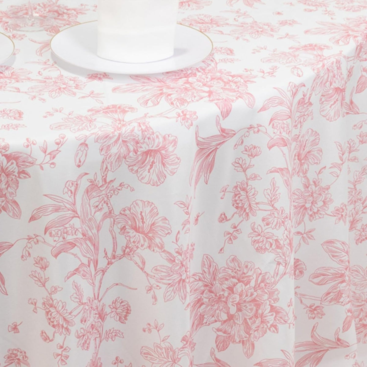 Polyester Round Tablecloth 120" White with Pink French Toile Pattern - Sophisticated Table Cover for Chic Weddings & Events