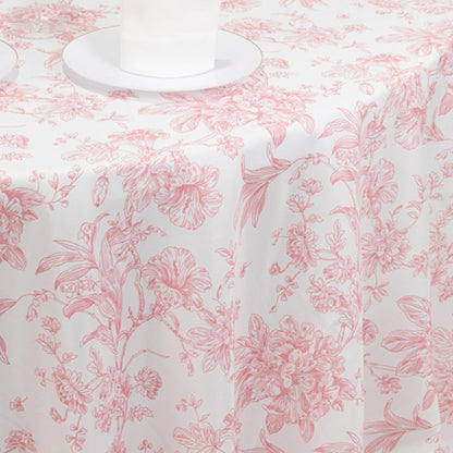 Polyester Round Tablecloth 120" White with Pink French Toile Pattern - Sophisticated Table Cover for Chic Weddings & Events