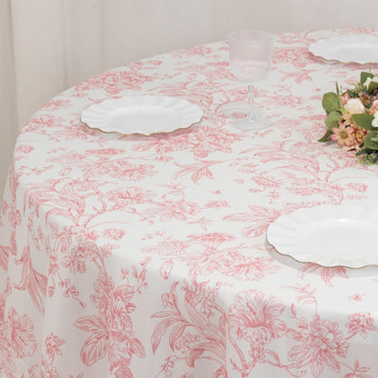 Polyester Round Tablecloth 120" White with Pink French Toile Pattern - Sophisticated Table Cover for Chic Weddings & Events