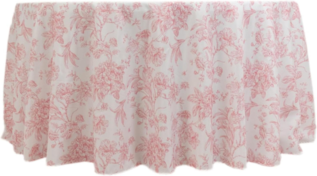 Polyester Round Tablecloth 120" White with Pink French Toile Pattern - Sophisticated Table Cover for Chic Weddings & Events