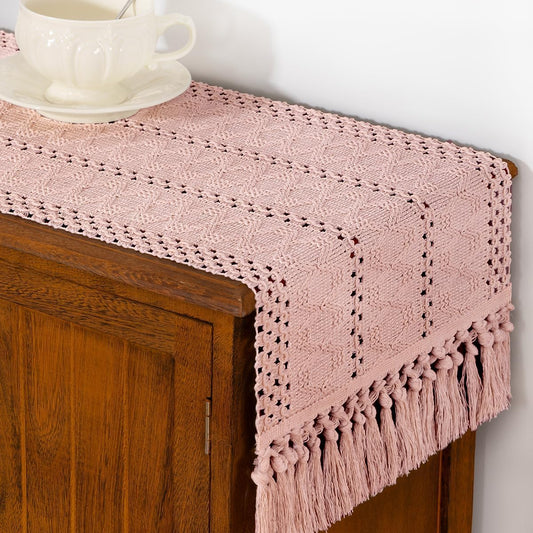 Woven Cotton Linen Table Runner Pink 11"x60" with Tassels Boho Rustic Macrame Farmhouse Table Runner Summer Decor for Summer Dining Room Wedding Kitchen Party