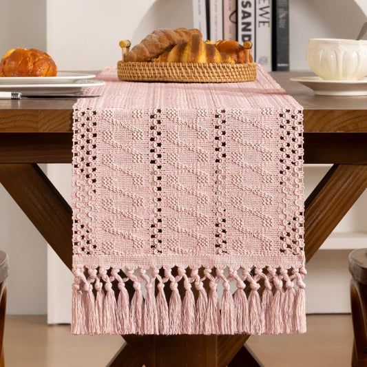 Woven Cotton Linen Table Runner Pink 11"x60" with Tassels Boho Rustic Macrame Farmhouse Table Runner Summer Decor for Summer Dining Room Wedding Kitchen Party