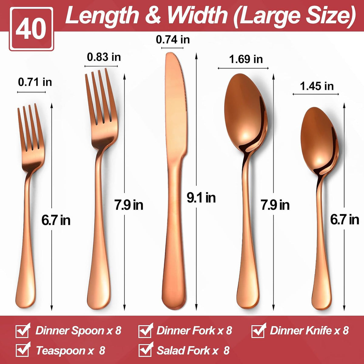 Rose Gold Silverware Set,40-Piece Stainless Steel Flatware Set for 8