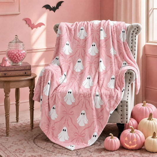 Halloween Pink Ghost Blanket Coquette Bow Throw Blanket