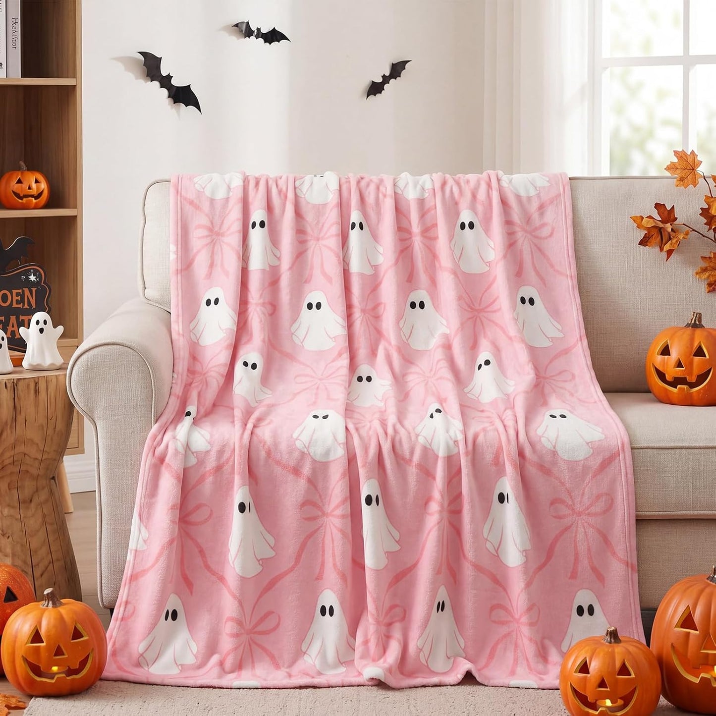 Halloween Pink Ghost Blanket Coquette Bow Throw Blanket