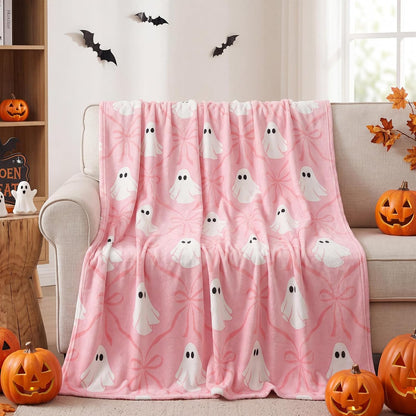 Halloween Pink Ghost Blanket Coquette Bow Throw Blanket