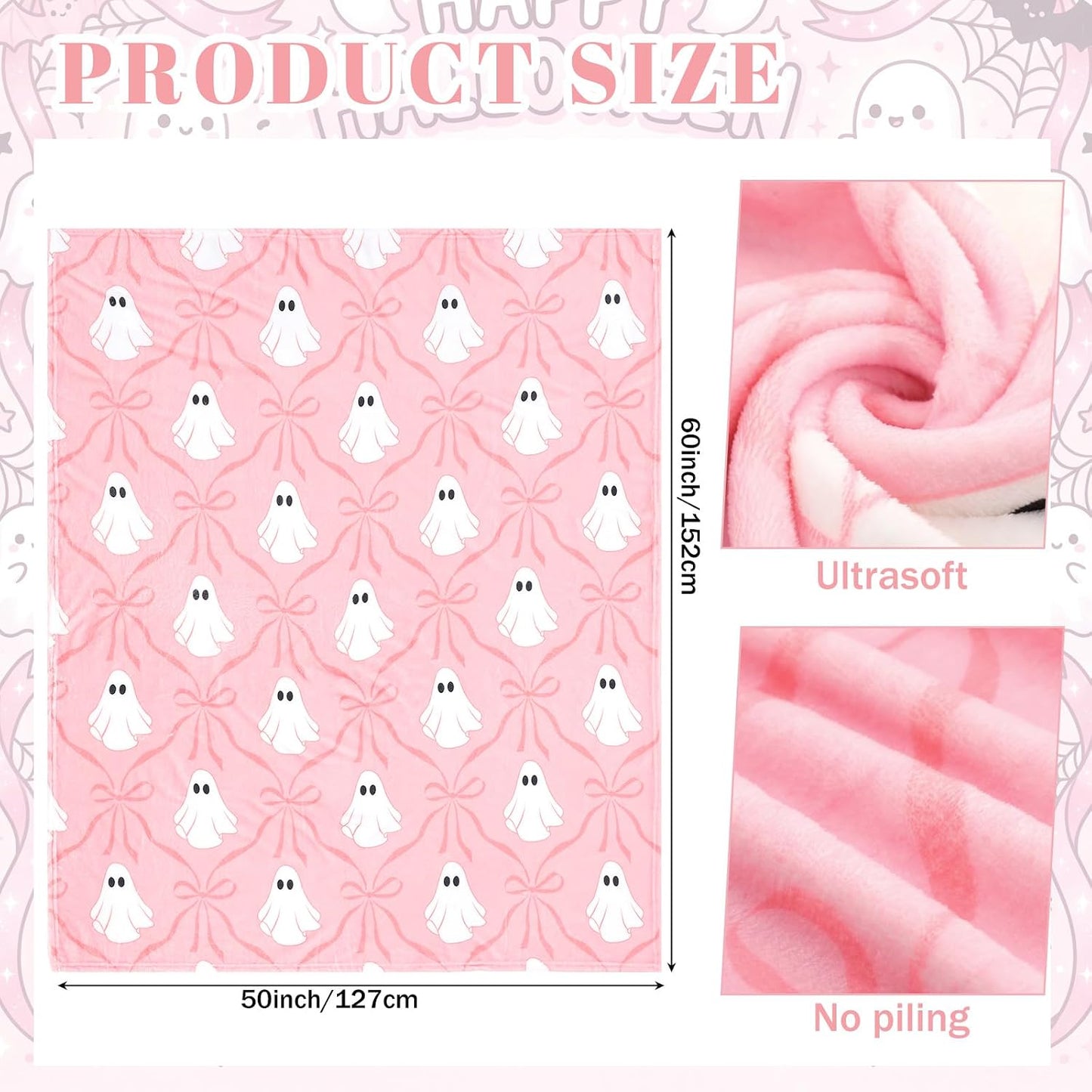Halloween Pink Ghost Blanket Coquette Bow Throw Blanket