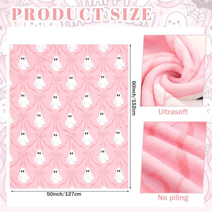 Halloween Pink Ghost Blanket Coquette Bow Throw Blanket