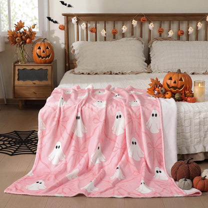 Halloween Pink Ghost Blanket Coquette Bow Throw Blanket