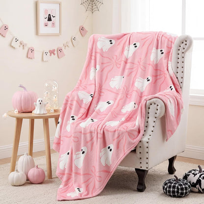 Halloween Pink Ghost Blanket Coquette Bow Throw Blanket