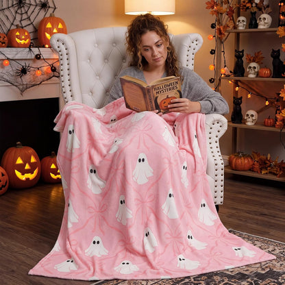 Halloween Pink Ghost Blanket Coquette Bow Throw Blanket