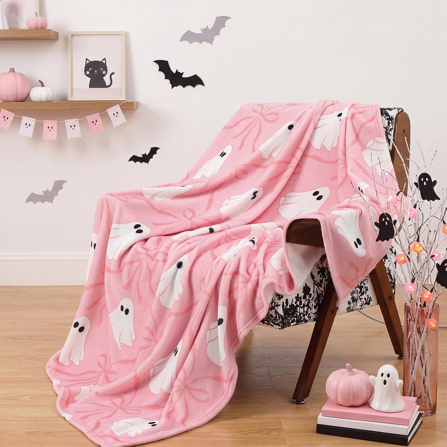 Halloween Pink Ghost Blanket Coquette Bow Throw Blanket