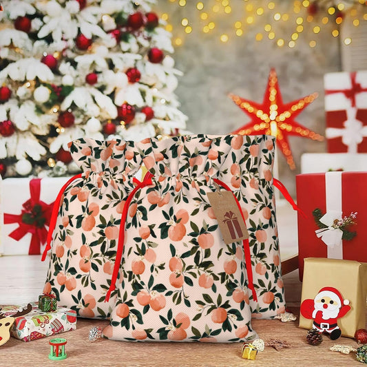 Fruits Peach 2 Pattern Christmas Gift Bags Gift Bags Drawstring with Tags for Xmas New Year Present Wrapping Holiday Wedding Party Supplies Medium