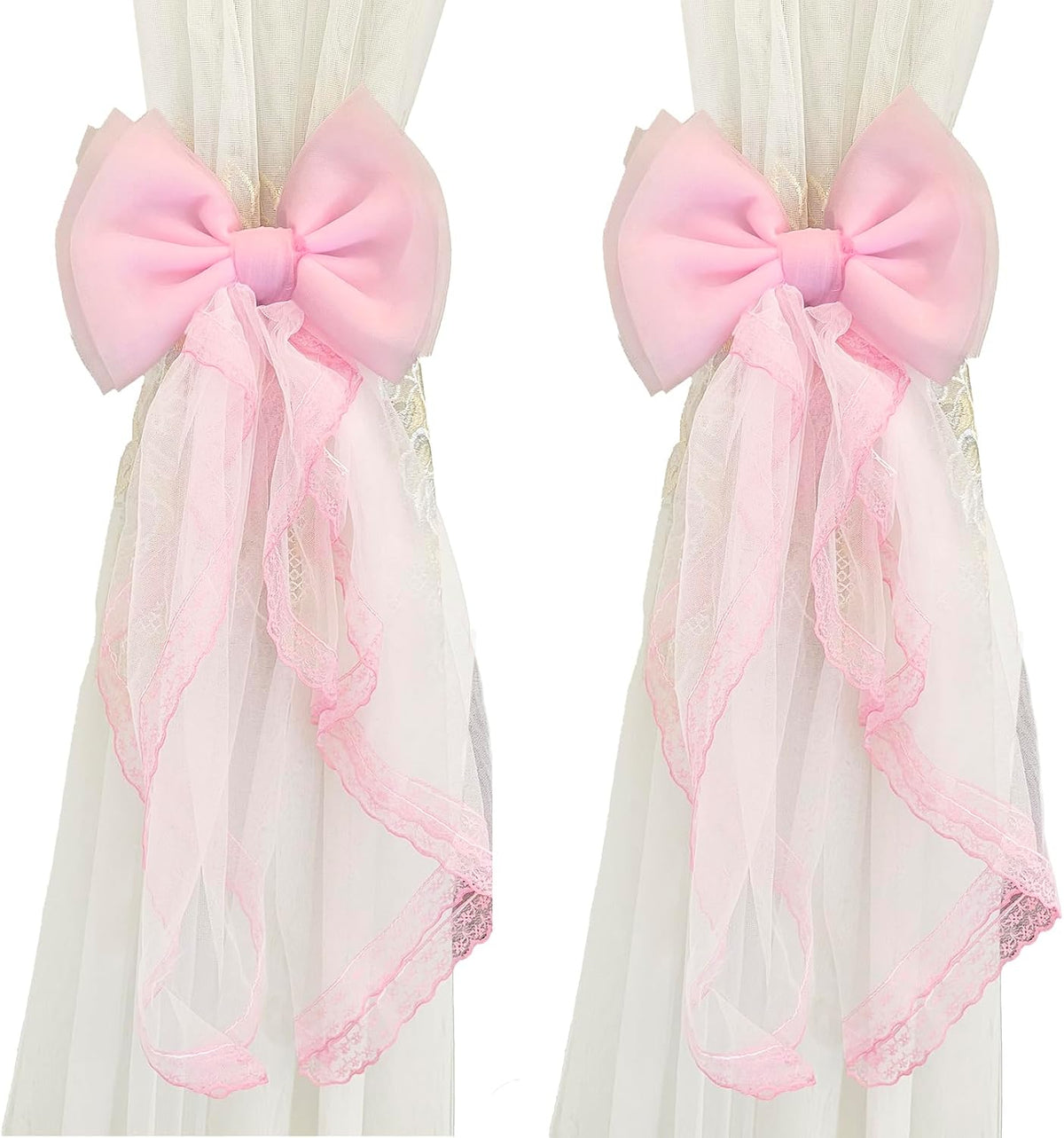 2 Pcs Bow Curtain Tiebacks Lace Bowknot Curtain Holdbacks Curtain Tie Straps for Home Office Decorative(Pink)