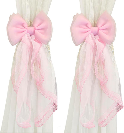 2 Pcs Bow Curtain Tiebacks Lace Bowknot Curtain Holdbacks Curtain Tie Straps for Home Office Decorative(Pink)