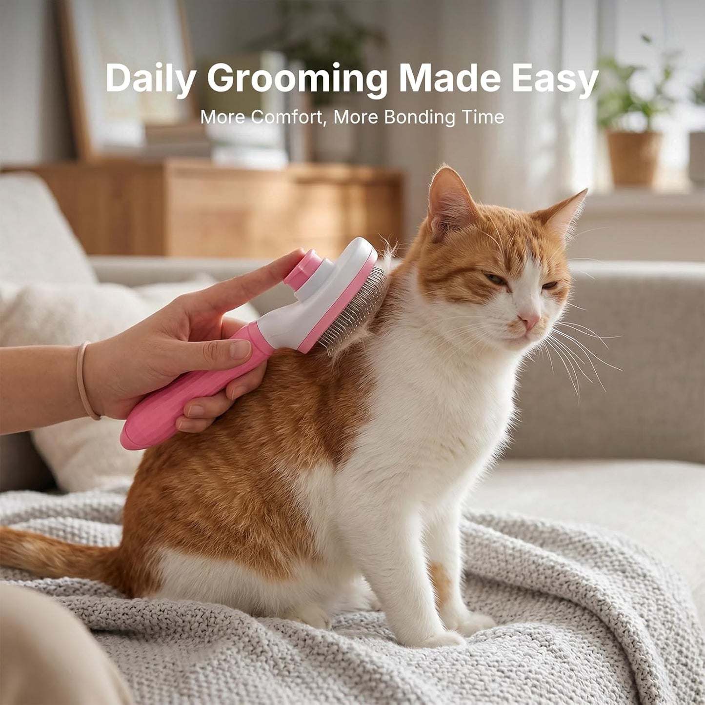 Self Cleaning Slicker Brush for Dogs & Cats, Skin Friendly Pet Grooming Brush for Shedding & Deshedding, One-Click Cleaning for Long & Short Hair